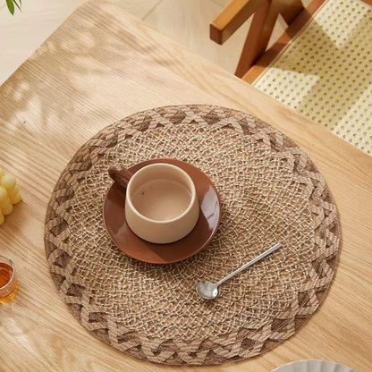 4pcs Nordic Style Round Table Mat, Exquisite Openwork Weave, Polyester Hemp-Like Texture, 38cm Dining Mat, V1232-LKZD001