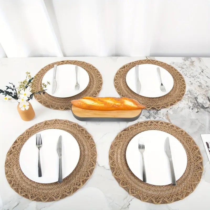4pcs Nordic Style Round Table Mat, Exquisite Openwork Weave, Polyester Hemp-Like Texture, 38cm Dining Mat, V1232-LKZD001