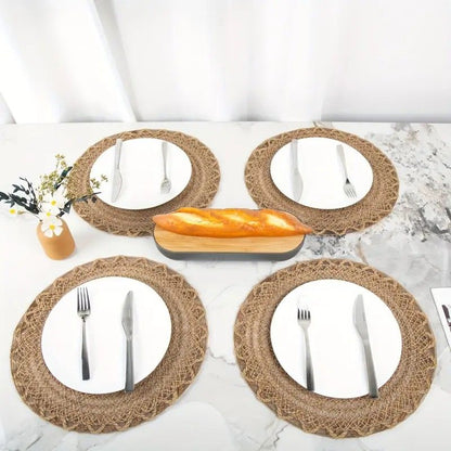 4pcs Nordic Style Round Table Mat, Exquisite Openwork Weave, Polyester Hemp-Like Texture, 38cm Dining Mat, V1232-LKZD001