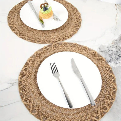 4pcs Nordic Style Round Table Mat, Exquisite Openwork Weave, Polyester Hemp-Like Texture, 38cm Dining Mat, V1232-LKZD001