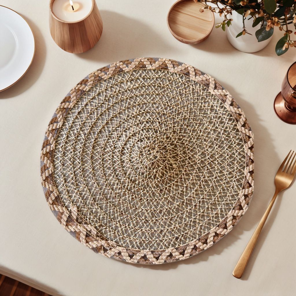 4pcs Nordic Style Round Table Mat, Exquisite Openwork Weave, Polyester Hemp-Like Texture, 38cm Dining Mat, V1232-LKZD001
