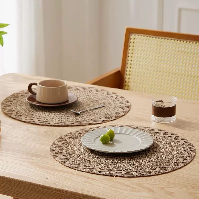 4pcs Nordic Style Round Table Mat, Exquisite Openwork Weave, Polyester Hemp-Like Texture, 38cm Dining Mat, V1232-LKZD001