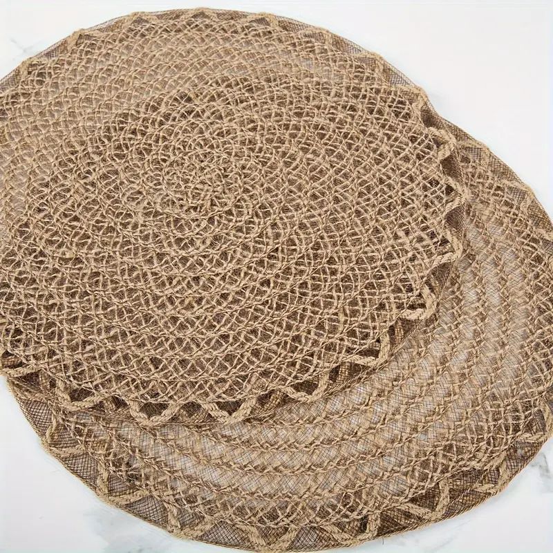 4pcs Nordic Style Round Table Mat, Exquisite Openwork Weave, Polyester Hemp-Like Texture, 38cm Dining Mat, V1232-LKZD001