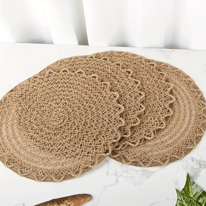 4pcs Nordic Style Round Table Mat, Exquisite Openwork Weave, Polyester Hemp-Like Texture, 38cm Dining Mat, V1232-LKZD001