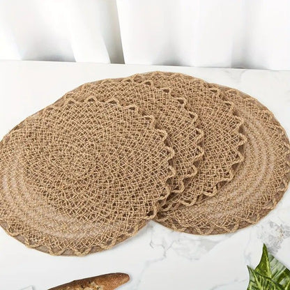 4pcs Nordic Style Round Table Mat, Exquisite Openwork Weave, Polyester Hemp-Like Texture, 38cm Dining Mat, V1232-LKZD001