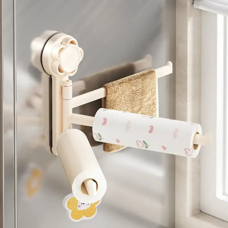No-drill ABS Suction Cup Towel Rack, 180° Rotating Layered Storage, Dual Use for Kitchen and Bathroom, Sturdy Load Bearing and Easy to Clean./Milky white three-shot