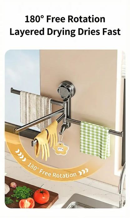 No-drill ABS Suction Cup Towel Rack, 180° Rotating Layered Storage, Dual Use for Kitchen and Bathroom, Sturdy Load Bearing and Easy to Clean./Gun gray three-shot