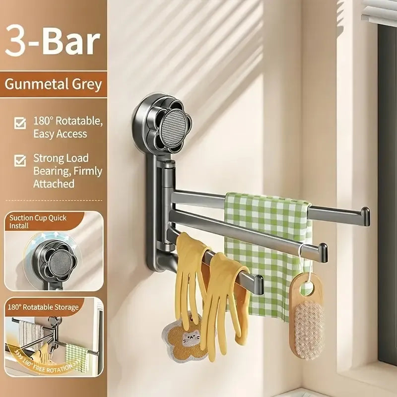 No-drill ABS Suction Cup Towel Rack, 180° Rotating Layered Storage, Dual Use for Kitchen and Bathroom, Sturdy Load Bearing and Easy to Clean./Gun gray four-shot