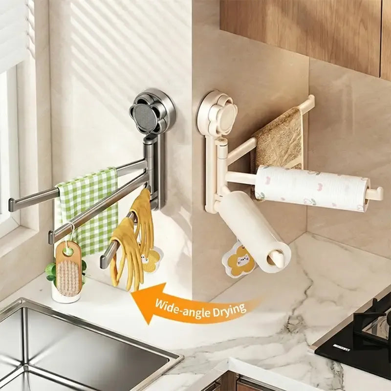 No-drill ABS Suction Cup Towel Rack, 180° Rotating Layered Storage, Dual Use for Kitchen and Bathroom, Sturdy Load Bearing and Easy to Clean./Milk white four-bar