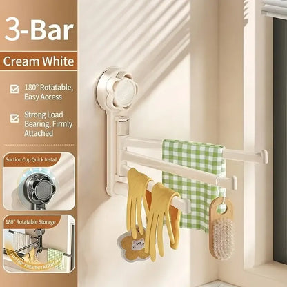 No-drill ABS Suction Cup Towel Rack, 180° Rotating Layered Storage, Dual Use for Kitchen and Bathroom, Sturdy Load Bearing and Easy to Clean./Milk white four-bar