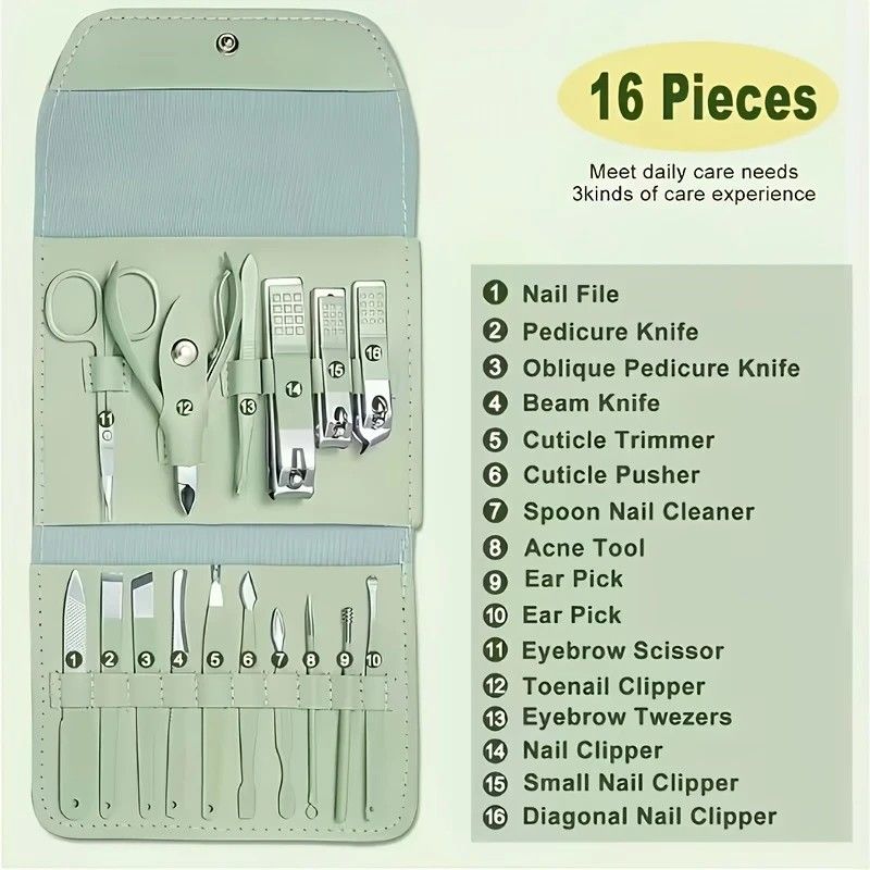 16-Piece Nail Care Set | Portable & Professional, One Box for Hand & Foot Details. green V1232-MJHLTZ001