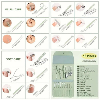 16-Piece Nail Care Set | Portable & Professional, One Box for Hand & Foot Details. green V1232-MJHLTZ001