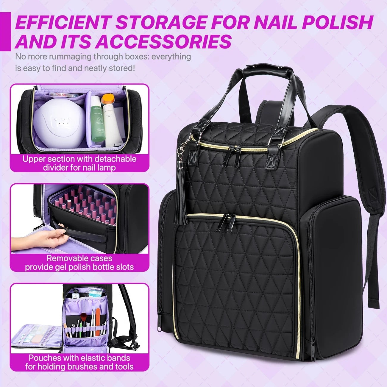 Nail Art Tool Storage Backpack: Removable Compartments, High-Capacity Categorized Storage, Multiple Carrying V1232-MJSNB001
