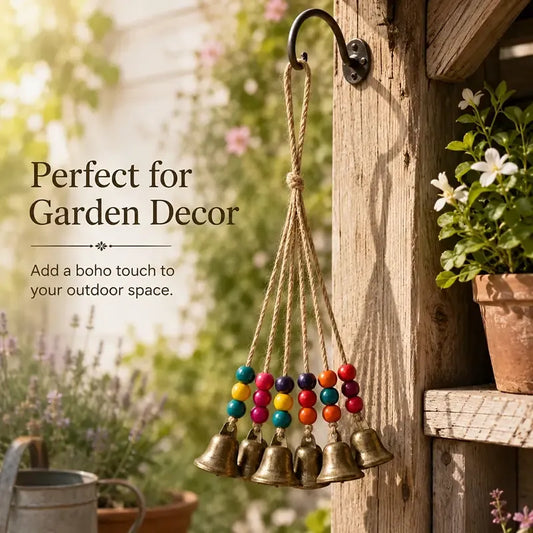 Handmade Bohemian Wind Chime, featuring jute rope with brass bells and colorful wooden beads, rings melodiously in the gentle breeze, adding natural romance to your home.