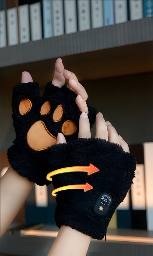 BLACK Cat Paw Fingerless Electric Heating Gloves, 3 adjustable heating levels, washable, 2000mAh battery, V1232-MZST002