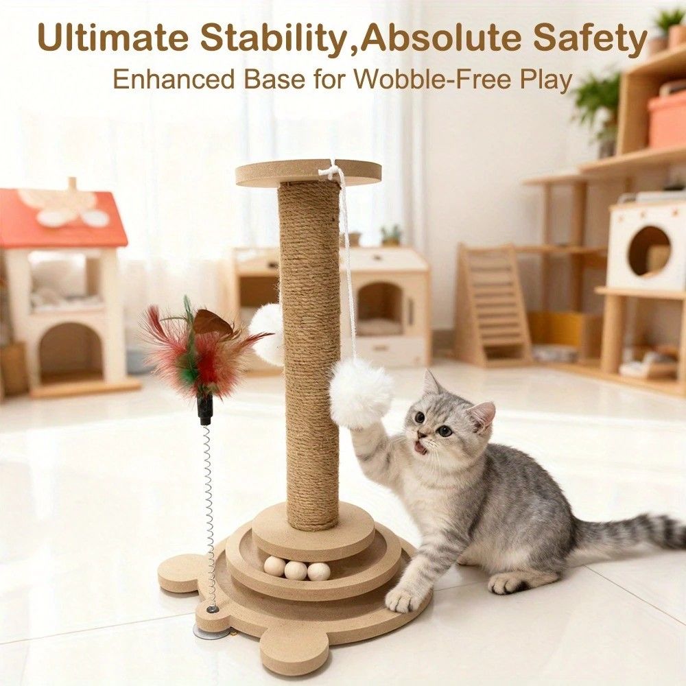 Bestselling Interactive Cat Scratching Post | Sisal Scratching Board + Rotating Ball Track + Feather Toy, V1232-MZZ001