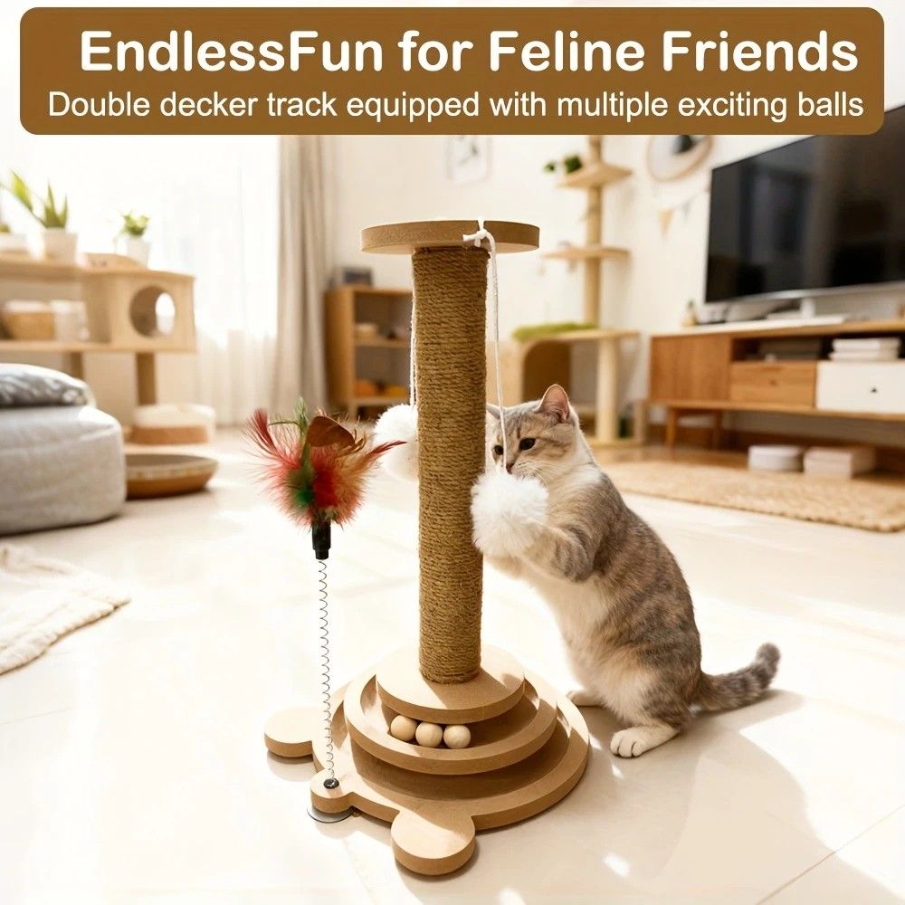 Bestselling Interactive Cat Scratching Post | Sisal Scratching Board + Rotating Ball Track + Feather Toy, V1232-MZZ001