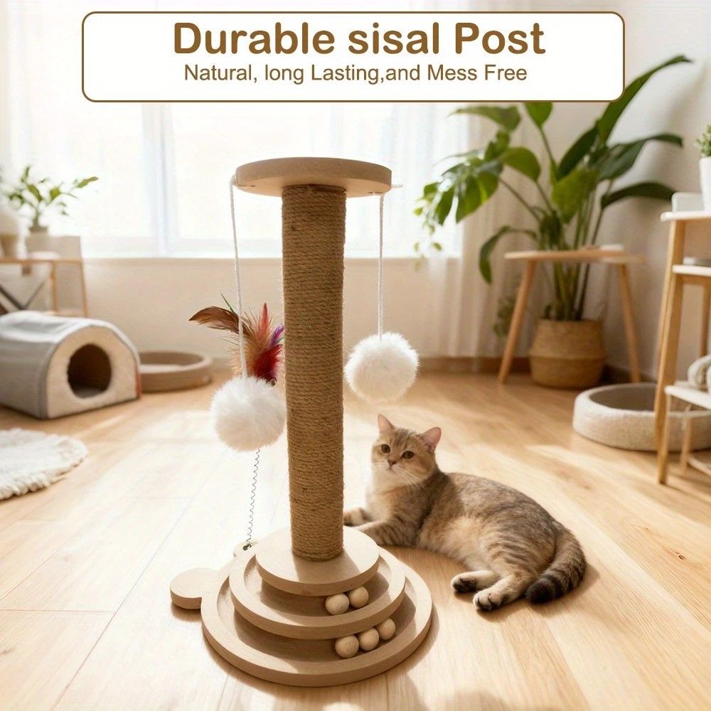 Bestselling Interactive Cat Scratching Post | Sisal Scratching Board + Rotating Ball Track + Feather Toy, V1232-MZZ001