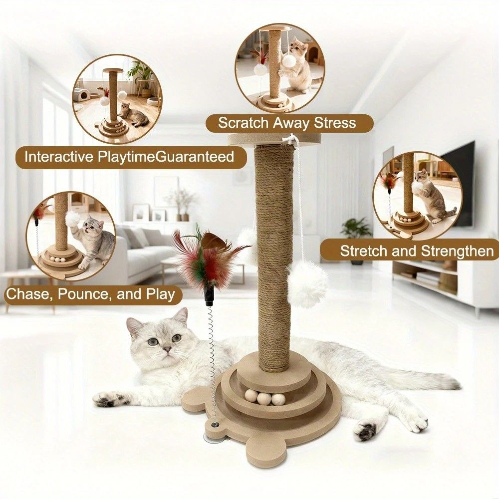 Bestselling Interactive Cat Scratching Post | Sisal Scratching Board + Rotating Ball Track + Feather Toy, V1232-MZZ001