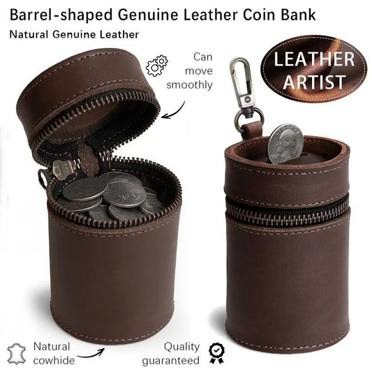 Oil Nubuck Leather Barrel Piggy Bank, Top-Grain Cowhide Plain Design, Zipper Closure Portable(coffee color) V1232-NPCQG001