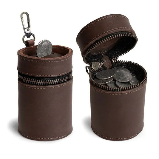 Oil Nubuck Leather Barrel Piggy Bank, Top-Grain Cowhide Plain Design, Zipper Closure Portable(coffee color) V1232-NPCQG001