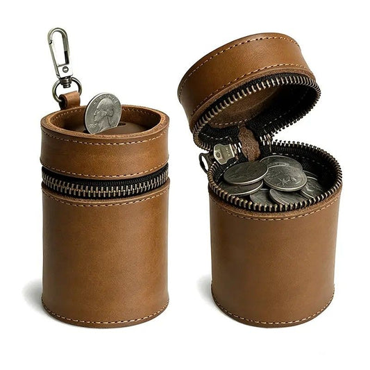 Oil Nubuck Leather Barrel Piggy Bank, Top-Grain Cowhide Plain Design, Zipper Closure Portable(brown) V1232-NPCQG002