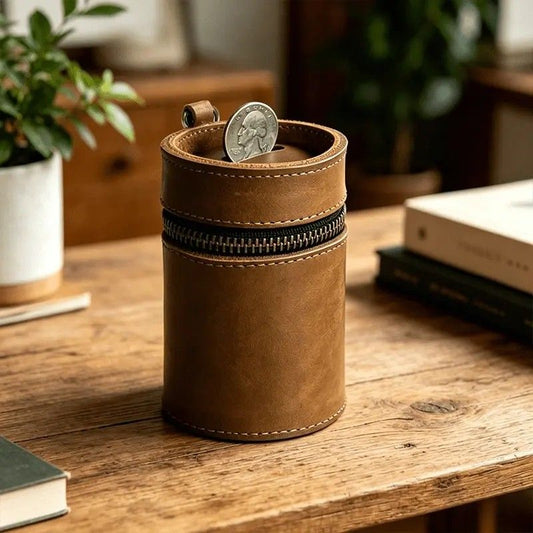 Oil Nubuck Leather Barrel Piggy Bank, Top-Grain Cowhide Plain Design, Zipper Closure Portable(brown) V1232-NPCQG002