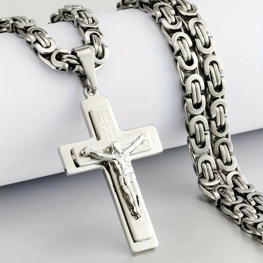 Trendy Gold-Plated Cross Men's Pendant, paired with a Cuban chain-a bold, personal expression of faith.silver V1232-NSBXGDZ001