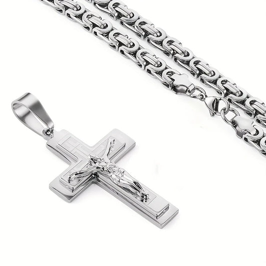 Trendy Gold-Plated Cross Men's Pendant, paired with a Cuban chain-a bold, personal expression of faith.silver V1232-NSBXGDZ001