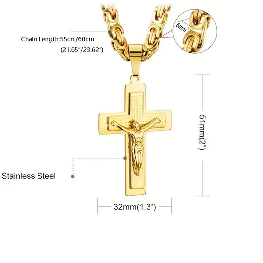 golden Trendy Gold-Plated Cross Men's Pendant, paired with a Cuban chain-a bold, personal expression of faith. V1232-NSBXGDZ002