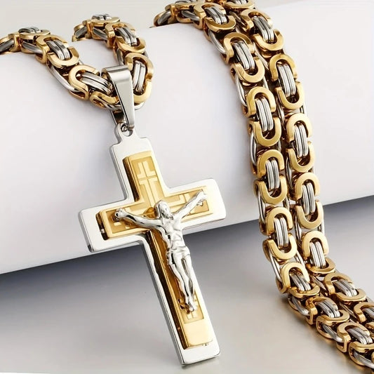 Trendy Gold-Plated Cross Men's Pendant, paired with a Cuban chain-a bold, personal expression of V1232-NSBXGDZ003
