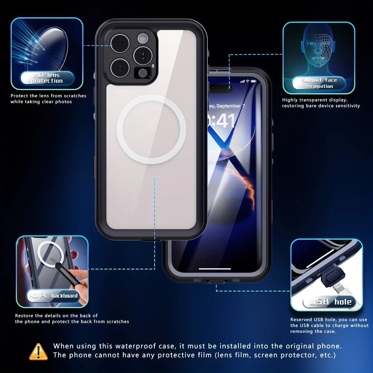 iPhone 16 Plus Waterproof Phone Case IP68 Drop Protection Snow Dust Resistant with Lanyard for Swimming V1232-PGSJFSK006
