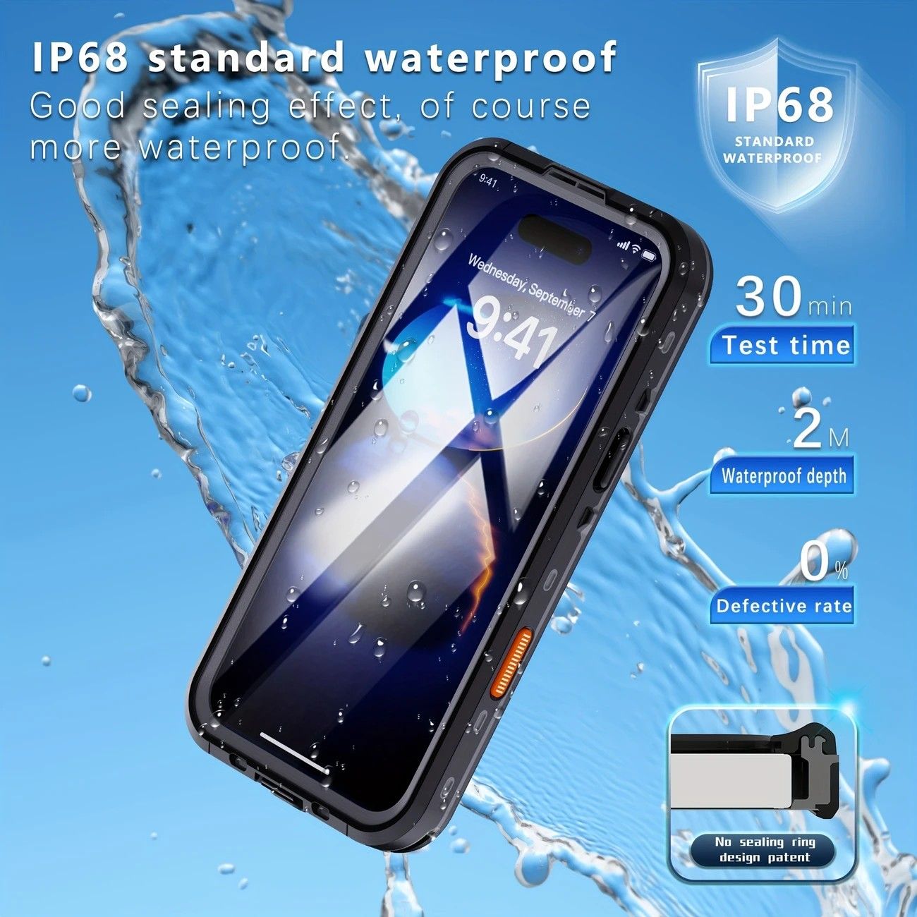 iPhone 16 Plus Waterproof Phone Case IP68 Drop Protection Snow Dust Resistant with Lanyard for Swimming V1232-PGSJFSK006