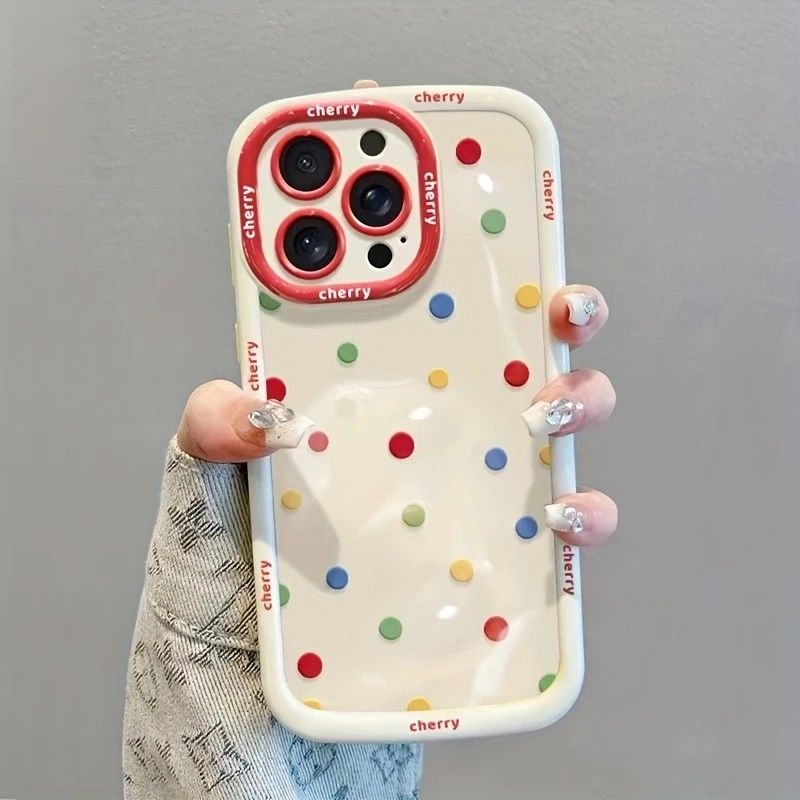 Creamy White Shell Cherry Painting iPhone Case Silicone Drop Protection Full Lens Cover with Lanyard Cute V1232-PGSJK003
