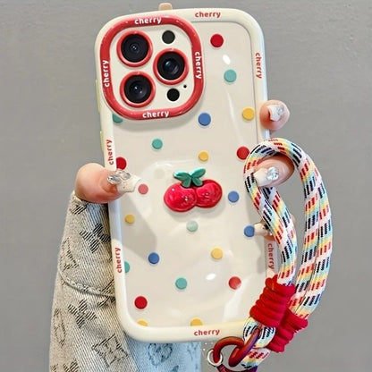 Creamy White Shell Cherry Painting iPhone Case Silicone Drop Protection Full Lens Cover with Lanyard Cute V1232-PGSJK005