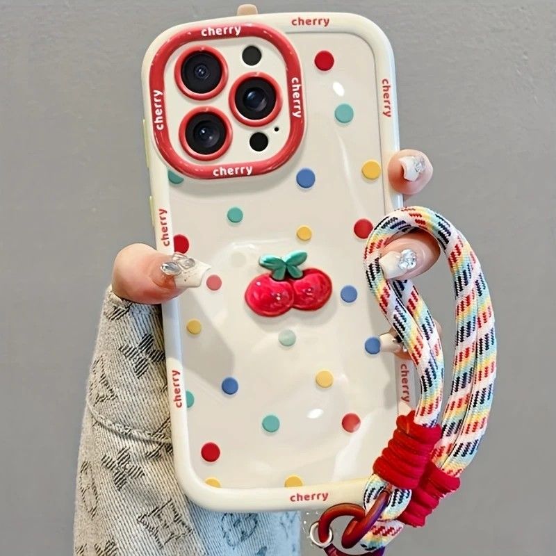 Creamy White Shell Cherry Painting iPhone Case Silicone Drop Protection Full Lens Cover with Lanyard Cute V1232-PGSJK007