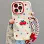 Creamy White Shell Cherry Painting iPhone Case Silicone Drop Protection Full Lens Cover with Lanyard Cute V1232-PGSJK007