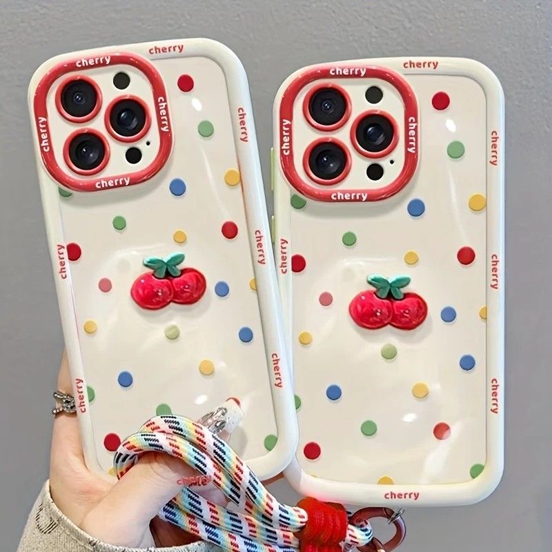 Creamy White Shell Cherry Painting iPhone Case Silicone Drop Protection Full Lens Cover with Lanyard Cute V1232-PGSJK007