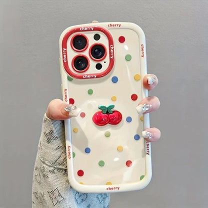 Creamy White Shell Cherry Painting iPhone Case Silicone Drop Protection Full Lens Cover with Lanyard Cute V1232-PGSJK007