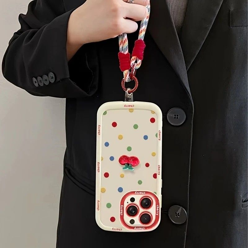 Creamy White Shell Cherry Painting iPhone Case Silicone Drop Protection Full Lens Cover with Lanyard Cute V1232-PGSJK007