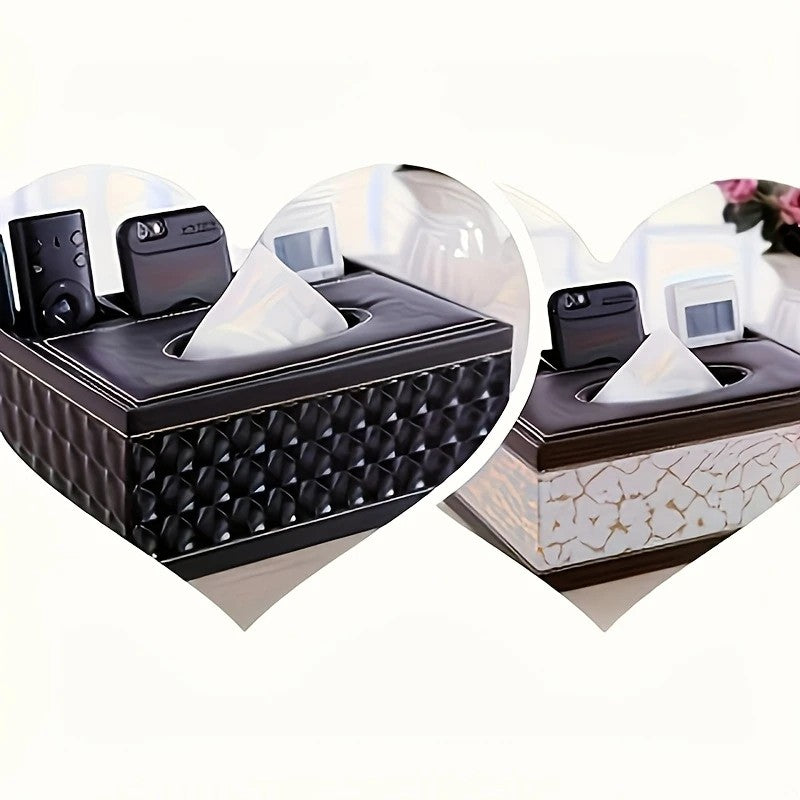 White gold Multi-Function Leather Tissue Box, Wooden Frame with Compartment Storage, Anti-Slip and Stable, V1232-PGZJH002