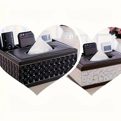 White gold Multi-Function Leather Tissue Box, Wooden Frame with Compartment Storage, Anti-Slip and Stable, V1232-PGZJH002