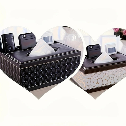 White gold Multi-Function Leather Tissue Box, Wooden Frame with Compartment Storage, Anti-Slip and Stable, V1232-PGZJH002