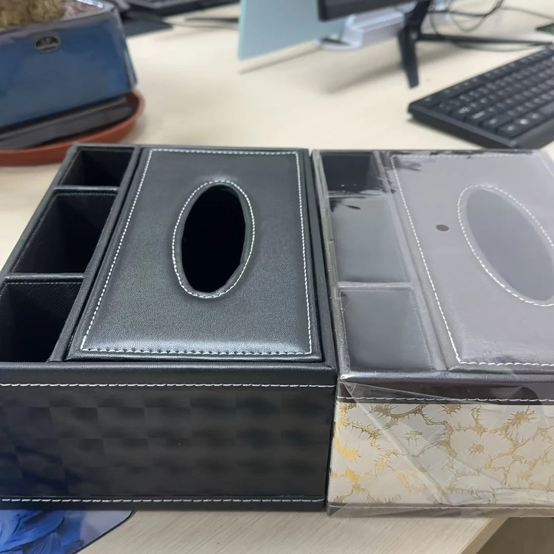 White gold Multi-Function Leather Tissue Box, Wooden Frame with Compartment Storage, Anti-Slip and Stable, V1232-PGZJH002