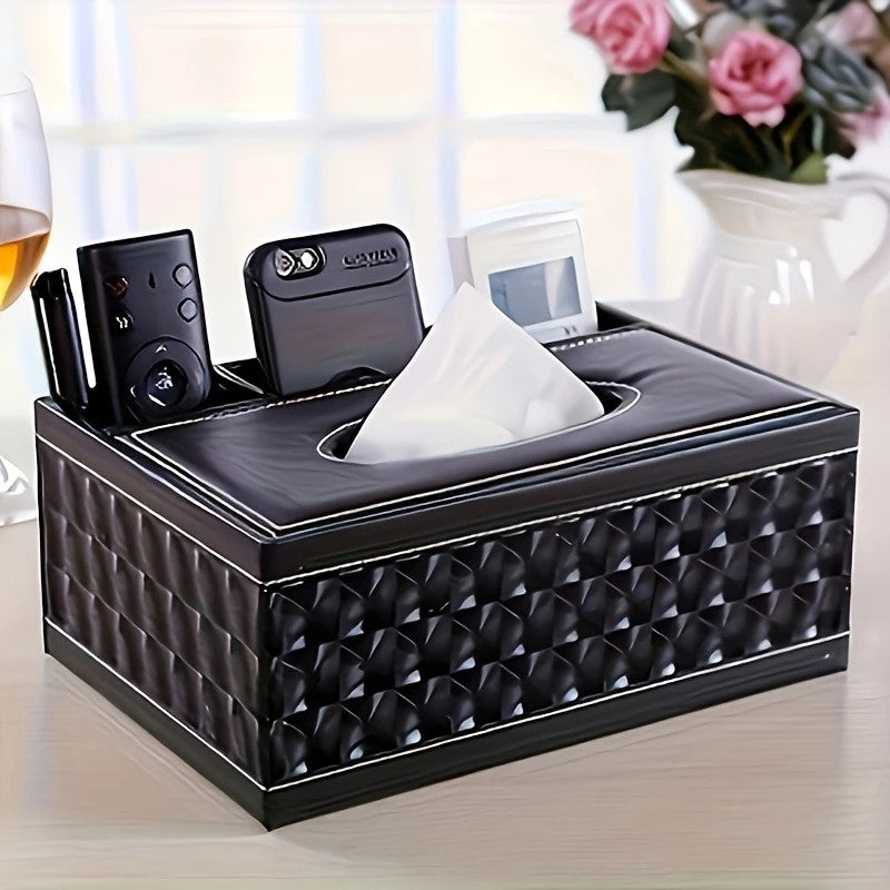 White gold Multi-Function Leather Tissue Box, Wooden Frame with Compartment Storage, Anti-Slip and Stable, V1232-PGZJH002