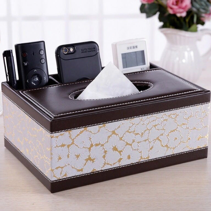 White gold Multi-Function Leather Tissue Box, Wooden Frame with Compartment Storage, Anti-Slip and Stable, V1232-PGZJH002