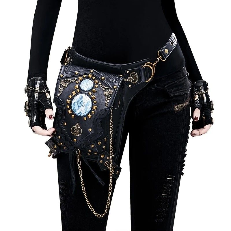 Steampunk-style Adjustable Waist Bag: Retro Chains and Rivets Decoration, PU Leather Multi-function Shoulder V1232-PKKB001