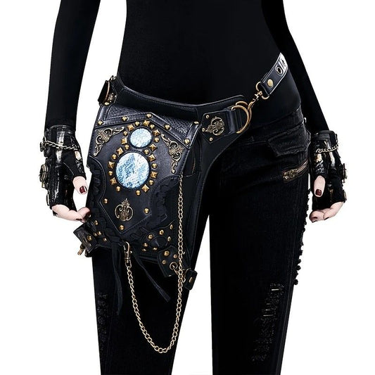 Steampunk-style Adjustable Waist Bag: Retro Chains and Rivets Decoration, PU Leather Multi-function Shoulder V1232-PKKB001