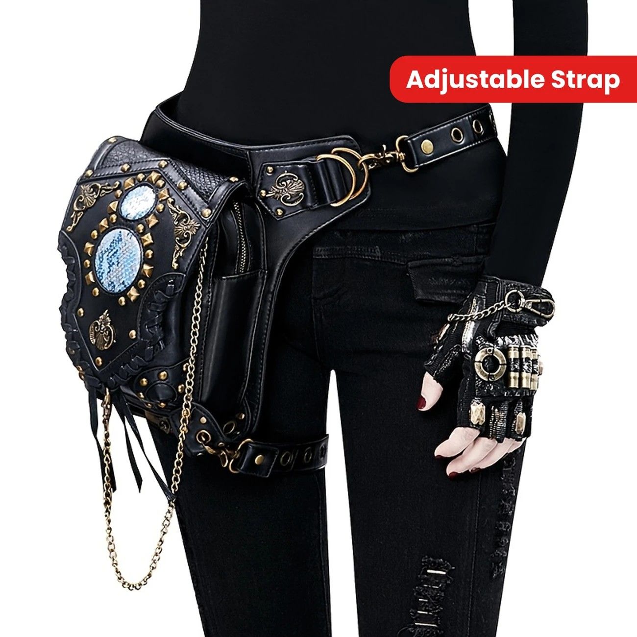 Steampunk-style Adjustable Waist Bag: Retro Chains and Rivets Decoration, PU Leather Multi-function Shoulder V1232-PKKB001