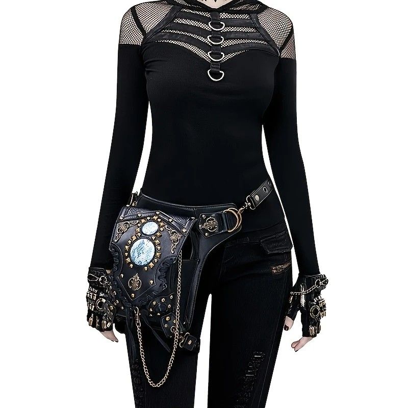 Steampunk-style Adjustable Waist Bag: Retro Chains and Rivets Decoration, PU Leather Multi-function Shoulder V1232-PKKB001